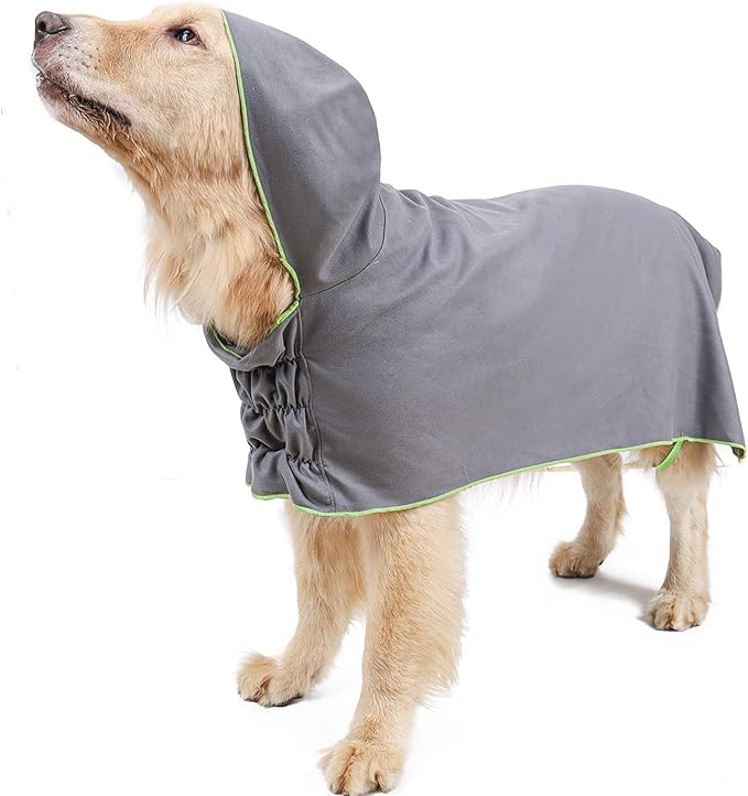 DogLemi Super Absorbent Bath Towels for Dogs Fast Drying Dog Bathrobe 100% Microfiber Washable Towel Robe with Hood for Large Medium Small Pets (Grey, M)
