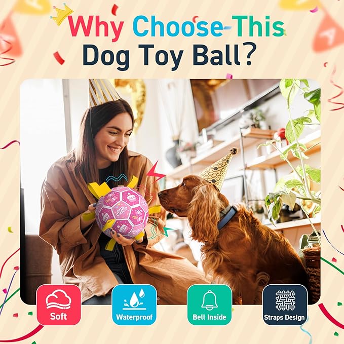 QDAN Dog Birthday Toys, Squeaky Dogs Toys, Dog Soccer Ball with Straps, Puppy Gifts, Herding Balls with Bell Inside, Water Toy, Durable Ropes Ball for Medium Large Dogs (8 inch)