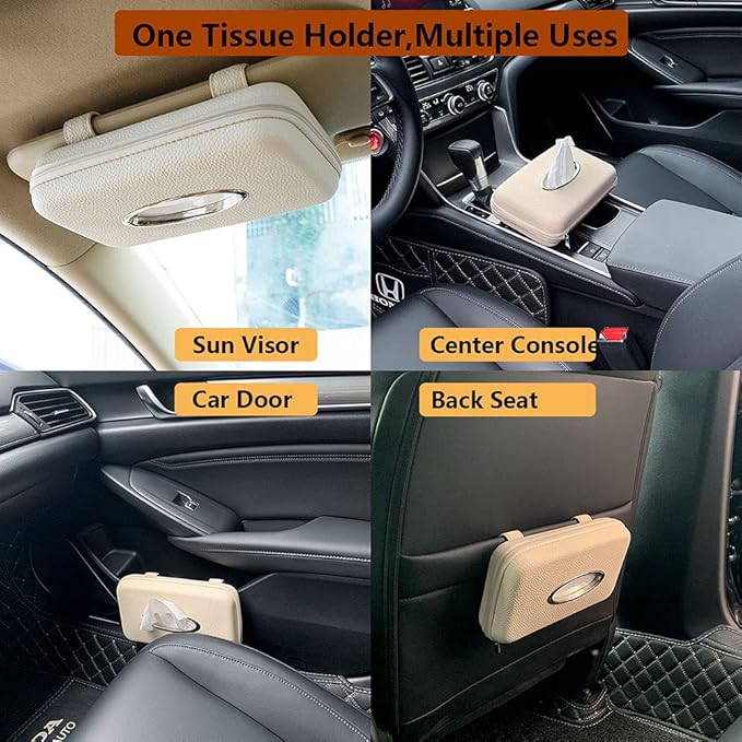 Car Tissue Holder - Sun Visor Napkin Holder, PU Leather Backseat Tissue Case for Vehicle (Beige)