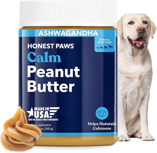 Honest Paws Calming Peanut Butter for Dogs – Dog Supplement with Ashwagandha, Valerian Root & L-Tryptophan – Supports Relaxation & Balanced Behavior – Made in USA – 12 oz