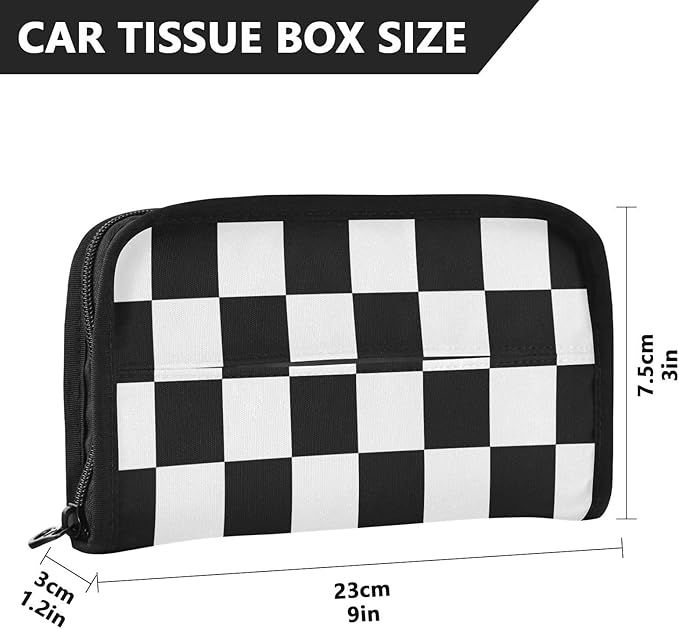 Car Tissue Holder Car Napkin Holder Car Tissue Box Dispenser Storage Case Sun Visor Mask Holder with Adjustable Straps Reusable Refillable Checkered Black and White