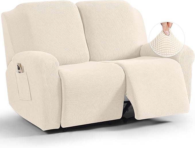 TAOCOCO Recliner Loveseat Slipcover, 6 Pieces Dual Recliner Sofa Covers for 2 Seat Dual Reclining Loveseat Couch, Stretch Soft Jacquard Pattern Furniture Protector with Elasticity (Beige White)