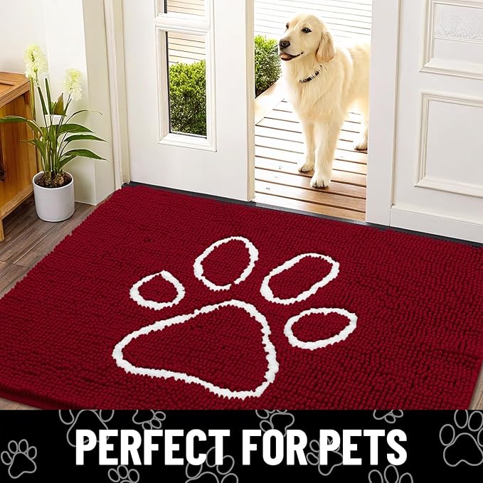 Smiry Dog Door Mat for Muddy Paws, Absorbent Dirt Trapper Non Slip Quick Dry Washable Chenille Mat for Mud Dogs, Entry Rug for Indoor and Outdoor (48x30 Inches, Red and White)
