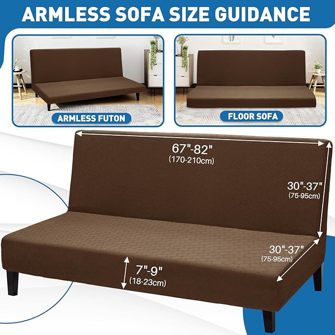 ZNSAYOTX Stretch Fit Futon Cover (67"-82") Armless Futon Sofa Bed Slipcover with Elastic Band, Universal Foldable Sofa Mattress Protector Full Queen Size, Washable Comfort Jacquard (Dark Coffee)