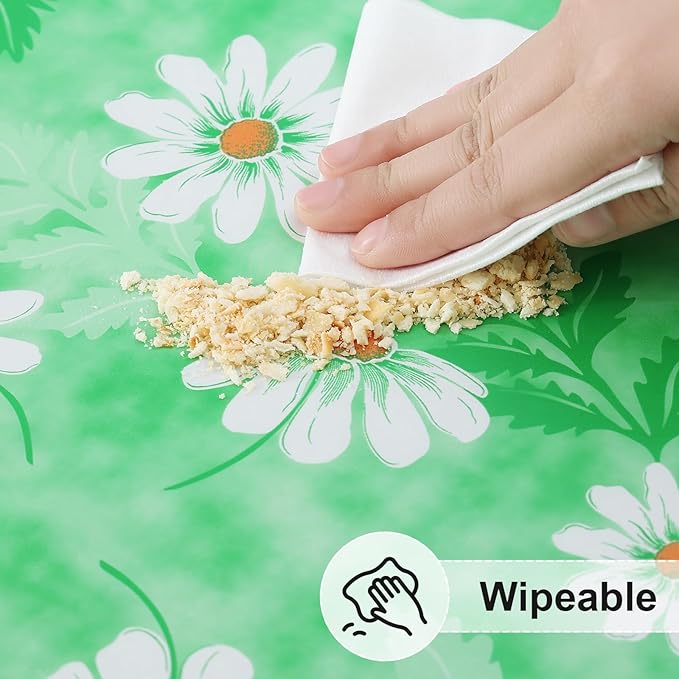 misaya Rectangle Vinyl Tablecloth, Fitted Table Cover, 100% Waterproof, Elastic Edge, Plastic Table Cloth Fit 4 Foot Folding Tables for Picnic, Camping, Outdoor (Green Daisy, 30x48 inch)