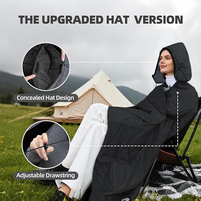 KawaGebo Kamp Outdoor Waterproof Blanket, Foldable Fleece Stadium Blanket for Outdoor Sports Event, Camping, Car, Pet, Picnics - Windproof, Wearable, Machine Washable 80" x 58" (Black Gray,Hooded)