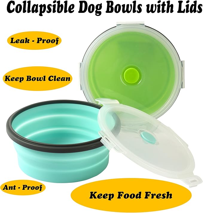 Collapsible Dog Bowls with Lids, 2 Pack Travel Dog Bowls for Small Size Dogs, Silicone Portable Dog Food Bowls Water Cup Cat Bowls Dish for Camping Traveling Walking, 12 oz 350ml
