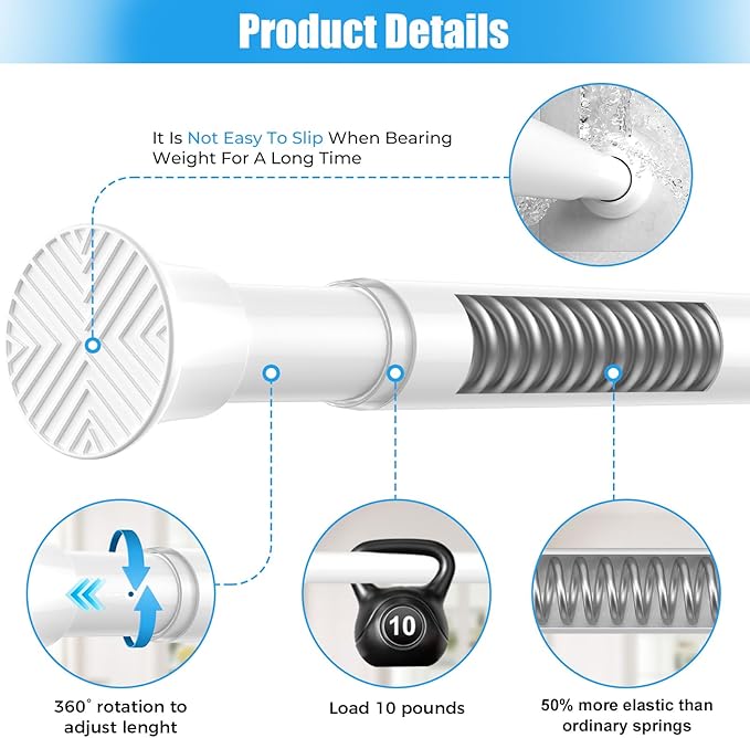 1pack Shower Curtain Rod 30-76 inch White Tension Rod Shower rod Non Slip Adjustable Curtain Rods No Drilling Tension Curtain Rod Shower Rods for Bathroom Windows Closet