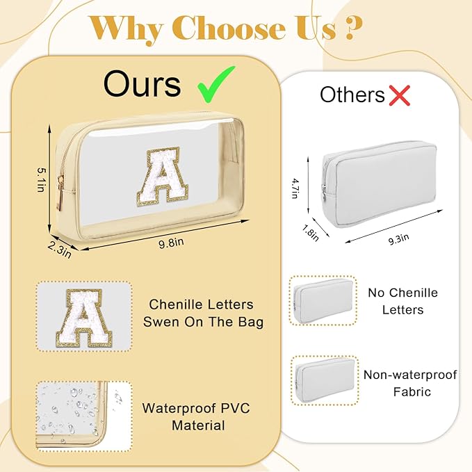 Personalized Initial Letter Clear Makeup Bag,Preppy Small Nylon&PVC Cosmetic Zipper Bag with Chenille Letter,Portable Beach Travel Skincare Toiletry Bag,Trendy Monogram Gift for Teen Girls Women,C