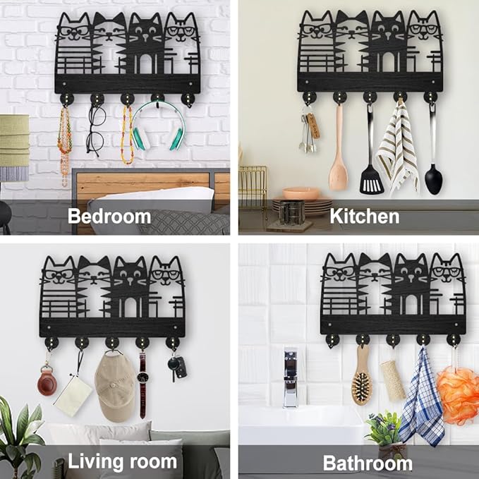 MAYJOYDIY Cat Coat Hooks Wall Mount 4 Cat Wearing Glasses Wood Key Holder for Wall 11.8×7.9inch Black Pet Animal Wall Art Decor Key Hooks 5 Alloy Hooks for Gift Entryway Living Room Kitchen Office