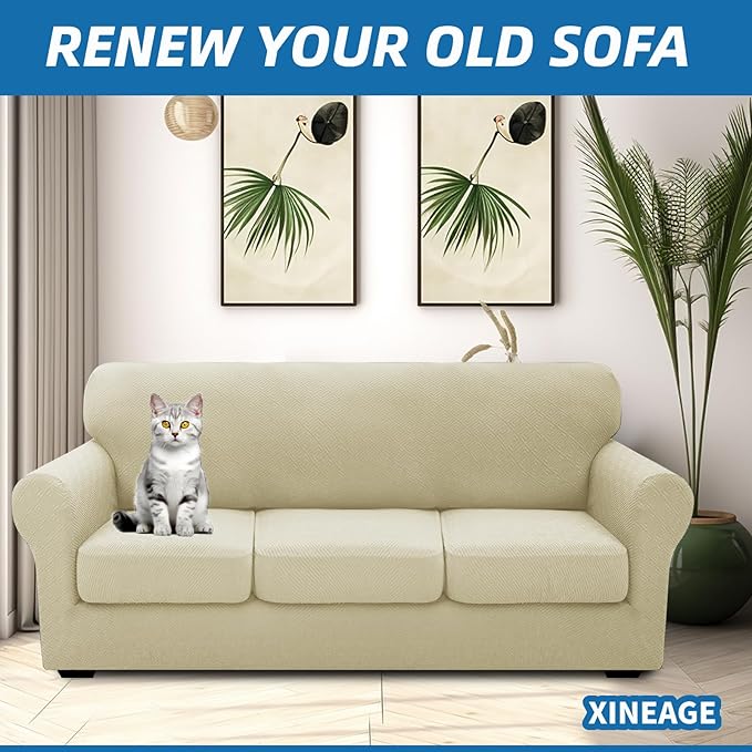 XINEAGE New 4 Pieces Extra Large Couch Covers for 3 Cushion Sofa Super Stretch Sofa Cover for 3 Large Seat Cushion Universal Slip Cover for Living Room (Light Beige), 91"-110"(3 Cushions)