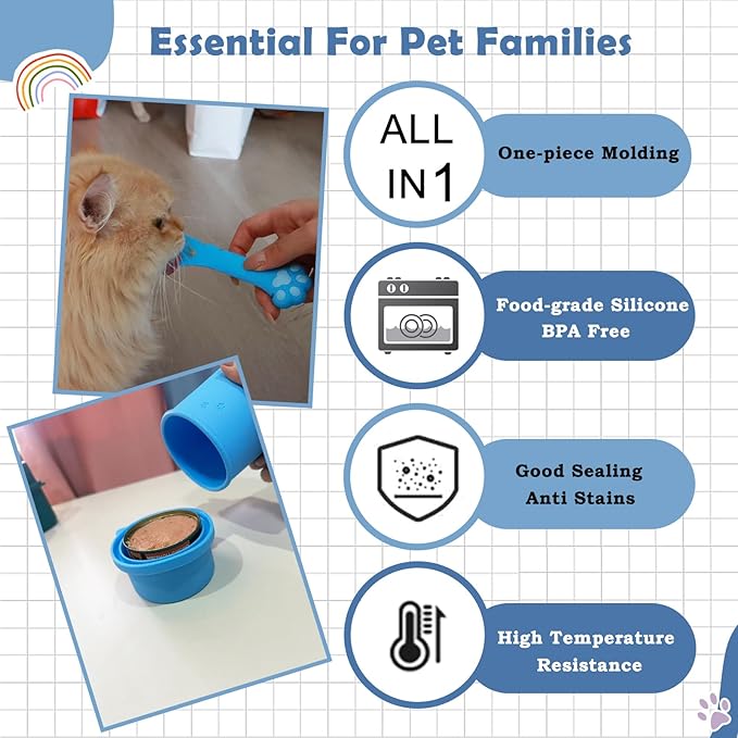 Original Canned Dog Food Storage Container & One Can Spoon | Silicone Can Cover Pet Food Sealer & Cute Paw Shape Opener Spatula | BPA Free, Airtight, Dishwasher & Freezer Safe (Blue+Pink)