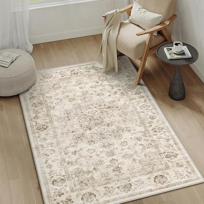 3x4 Washable Neutral Area Rug Beige Vintage Entryway Office Carpet Non-Slip Soft Low Pile Farmhouse Throw Rug for Entrance Living Room Bathroom Dining Room