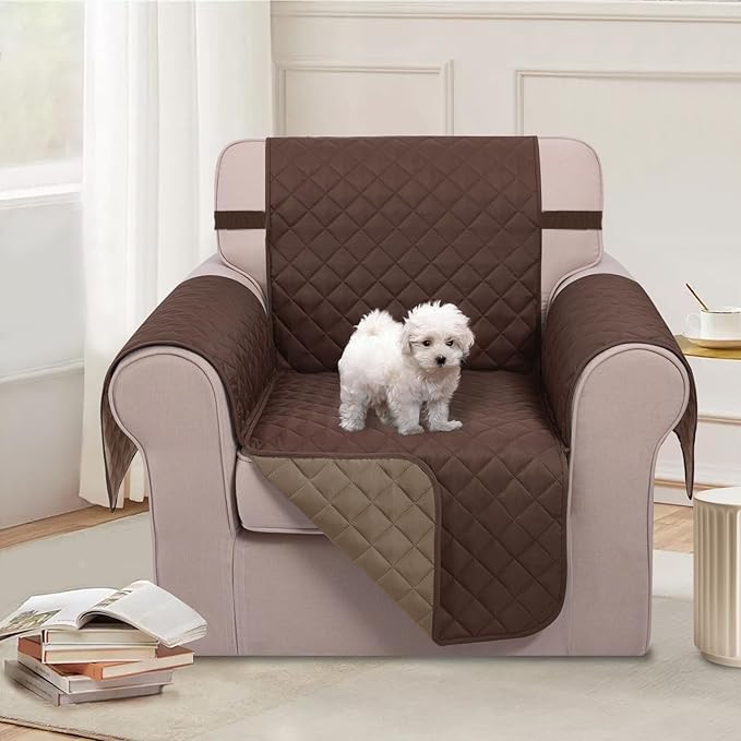 U-NICE HOME Recliner Chair Covers Reversible Chair Cover Pet Covers for Dogs with Elastic Straps Water Resistant Diamond Quilted (23''Armchair, Chocolate/Taupe)