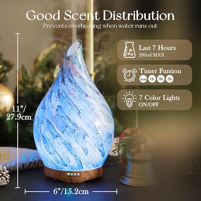 Porseme 280ml Glass Essential Oil Diffuser Aromatherapy Ultrasonic Cool Mist Humidifier 7 Running Hours Waterless Auto-Off Air Diffusers for Sleeping, Yoga, Office Working, Spa and Rest (Light Blue)