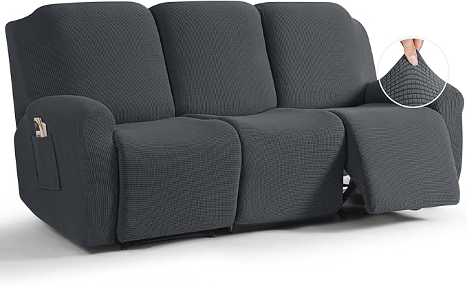 TAOCOCO Recliner Sofa Covers 8-Pieces Stretch Large Couch Covers for 3 Seats Reclining Slipcovers Soft Jacquard Pattern Furniture Protector (Charcoal Grey)