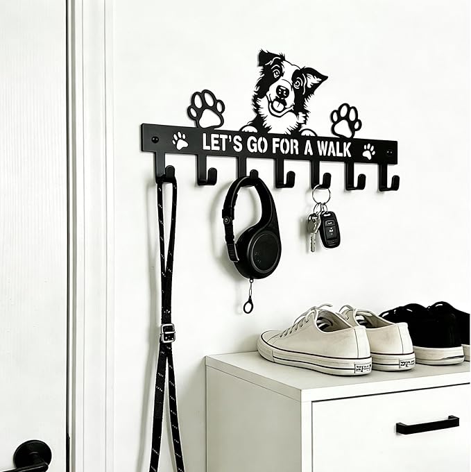 Border Collie Key Holder Wall Mount, Dog Leash Holder for Wall with 7 Hooks, Let‘s Go for a Walk Sign, Metal Black Entryway Key Rack, Front Door Small Car Key Hanger, Collie Decor & Gifts