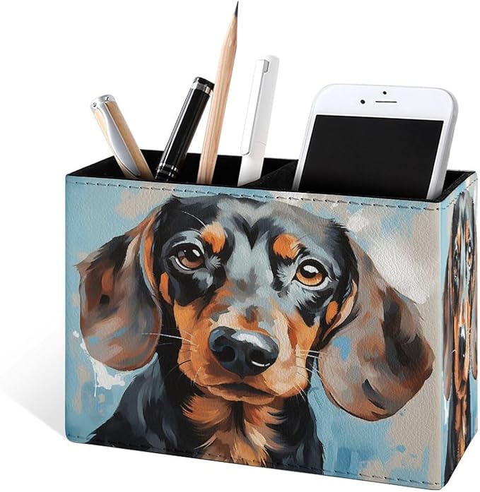 Famame Dachshund Dog Face Cute Pencil Holder for Desk, Leather Desktop Container Pen Cup Storage Study Table Pen Organizer Makeup Brush Holder for Classroom Office Home