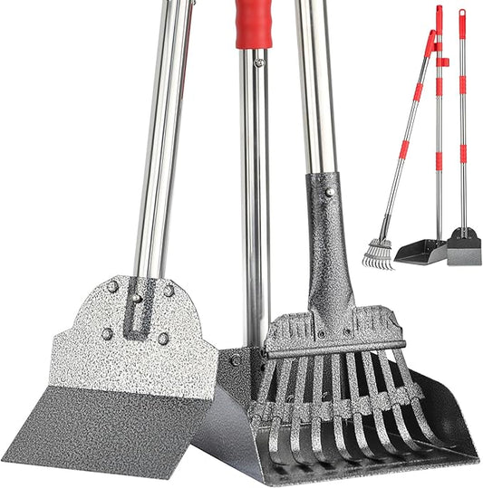 FUSBUNTY Pooper Scooper, Long Handle Dog Pooper Scooper, Heavy Duty Stainless Steel Rake with Tray & Spade Set for Pet Waste Removal, for Grass, Dirt or Gravel