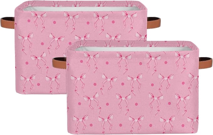 Valentines Day Cubes Storage Baskets,Pink Bow Ribbon Clothes Storage Box Bin,Open Shelves Basket Organizer Kid Boys Girls Toy Gifts Basket Empty for Bedroom Decorative