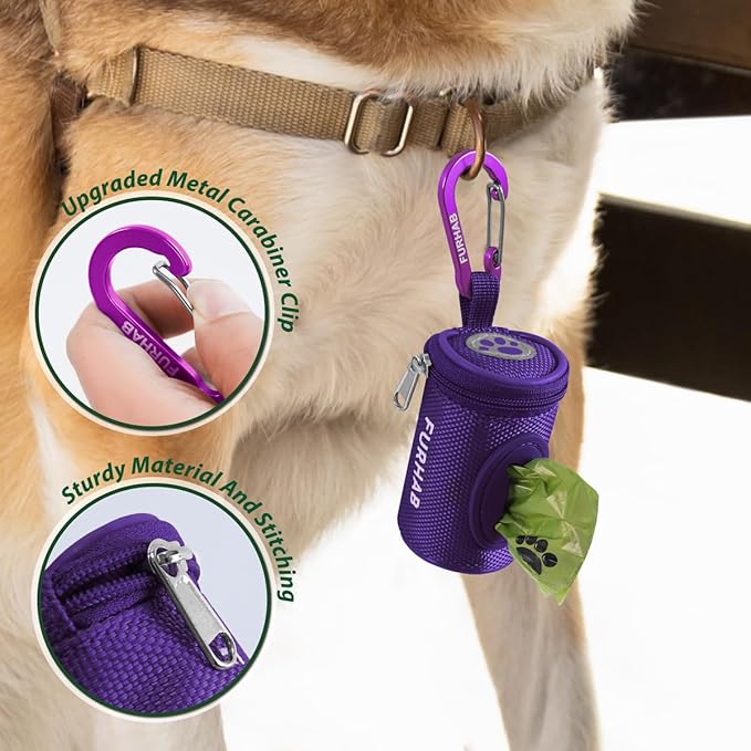 FURHAB Dog Poop Bag Holder for Leash Doggie Waste Bag Dispenser Soft Fabric Puppy Potty Carrier Small Doggy Zipper Pouch with Carabiner Clip 1680D Nylon Oxford with 1 Roll of Pet Trash Bags, Purple