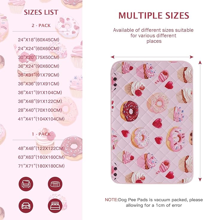 IEUUMLER Washable Pee Pads for Dogs, 1 Pack Cake Pattern Reusable Waterproof Puppy Potty Pads, Non-Slip Absorbent Pet Training Pads for Playpen Crate Bed EU015 Pink Cake, 63x63