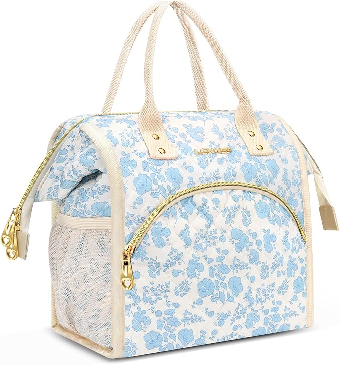 Lunch Bag Women Insulated Lunch Box Wide-Open Lunch Tote Bag Large Drinks Holder Durable Nylon Thermal Snacks Organizer for Men Adults Work Picnic Hiking Beach Fishing, Blue Flower