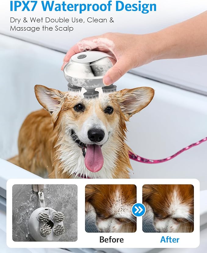 AMIR Electric Scalp Massager, Handheld Pet Massager for Dogs and Cats, Cat Head and Back Scratcher with 3 Speed Modes, 4 Massage Heads, Waterproof Electric Cat Massage Tool for Promote Bonding