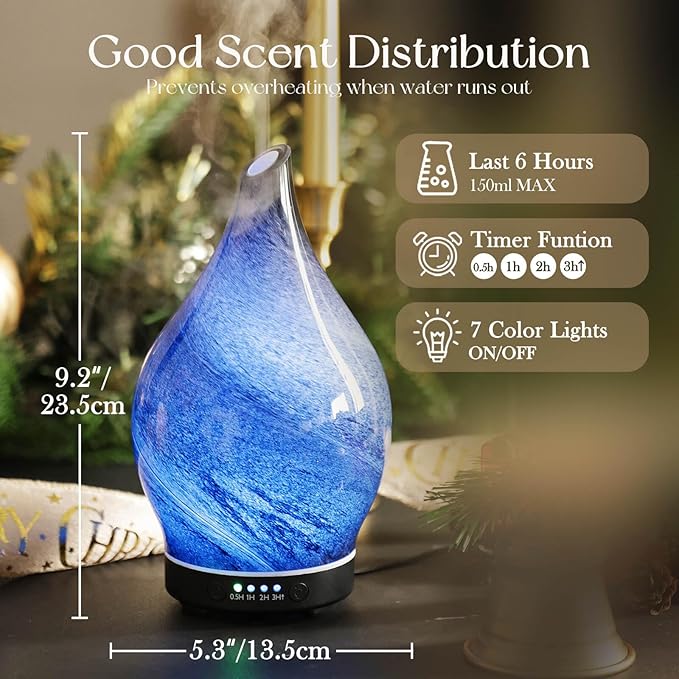 Porseme 150ml Essential Oil Diffuser Glass Color Changing Aroma Air Diffusers Aromatherapy Ultrasonic Cool Mist Humidifier 6 Running Hours Waterless Auto-Off for Sleeping Yoga Office Spa (Obsidian)
