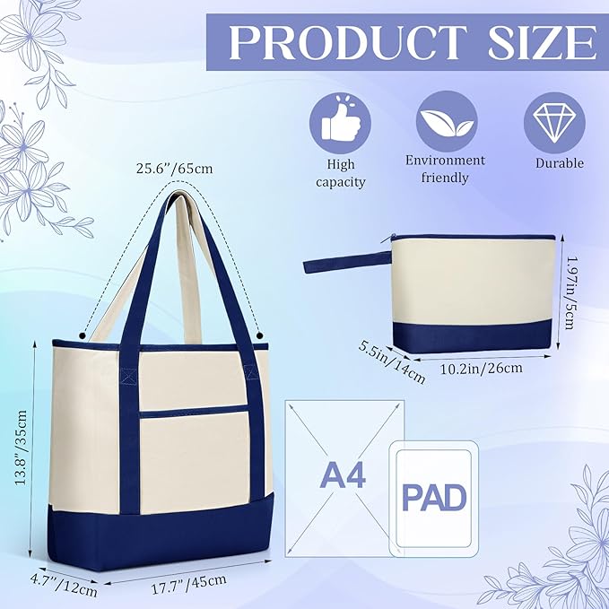 Sanwuta Canvas Tote Bags Bulk with Outer Pocket and Makeup Pouch 18'' Reusable Grocery Bags with Handles for Women Beach DIY