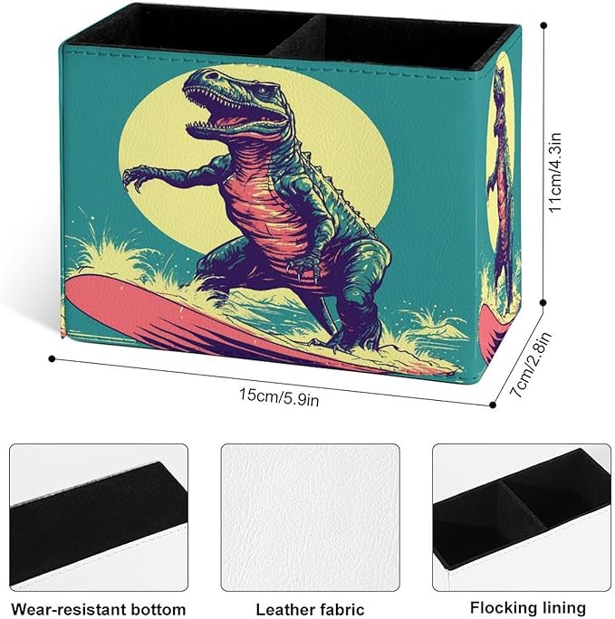 Famame Surfing Vintage Dinosaur Pencil Holder for Desk, Leather Desktop Container Pen Cup Storage Study Table Pen Organizer Makeup Brush Holder for Classroom Office Home