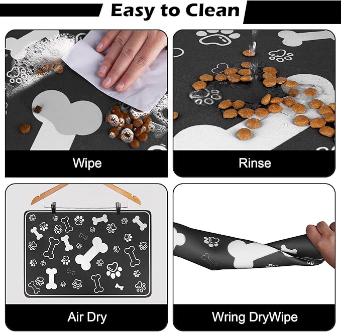 Pet Feeding Mat,Rapid Absorbent Mats for Dog Cat Food, Dog Placemat Water Bowl Mat with Rubber Backing,Messy Drinkers to Protect Floors, Pet Accessories 17"×29" Black