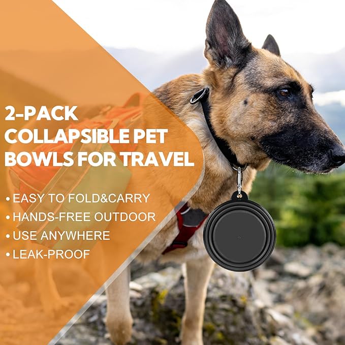 Dog Bowl Collapsible, 2 Pack Portable Foldable Travel Water Bowl Food Dishes with Carabiner Clip for Traveling, Hiking, Walking(12oz, Small, Grey+Black)