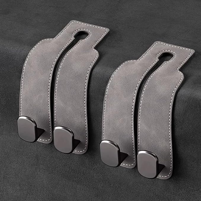 2 Pack Car Seat Back Storage Hook, Headrest Hooks for Car with Metal Hooks, Premium Suede Leather Car Headrest Hooks Universal Car Seat Hooks for Purses, Bags & Groceries(Grey)