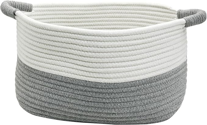 Fhiny Cotton Rope Dog Toy Basket with Handle Puppy Toys Storage Bin Small Woven Rectangle Diapers Pet Kitty Bed Perfect for Carry Pet Chew Toys Blankets Leashes Doggie Stuff - White and Grey (L)