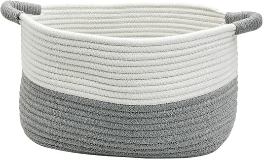 Fhiny Cotton Rope Dog Toy Basket with Handle Puppy Toys Storage Bin Small Woven Rectangle Diapers Pet Kitty Bed Perfect for Carry Pet Chew Toys Blankets Leashes Doggie Stuff - White and Grey (L)