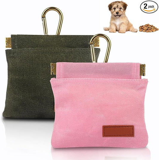 2Pcs Dog Treat Pouches for Pet Training, Hand Free Puppy Dogs Treat Bag with Carabiner, Portable Auto Closing Pet Dog Walking Bag for Travel or Outdoor Use, Pets Feed Snack Reward Pocket- Pink, Green