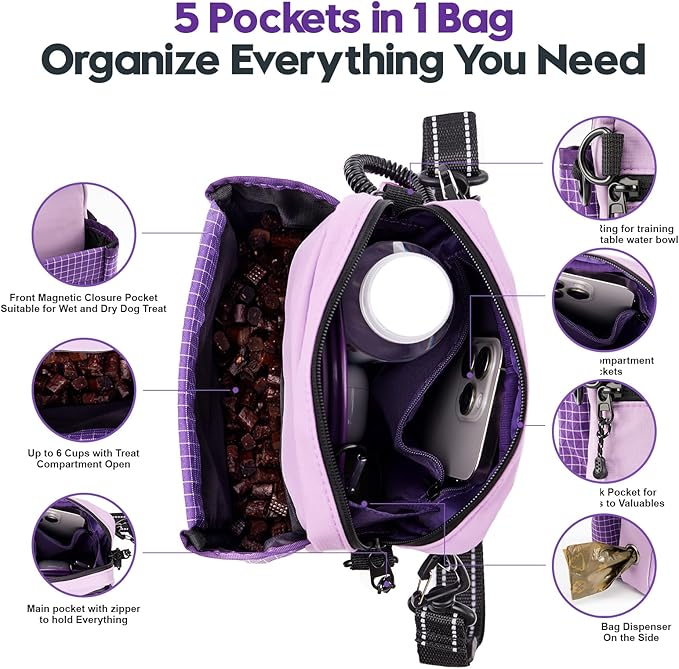 WILDOMS Dog Treat Pouch – Large Capacity with Magnetic Closure, Dog Walking Fanny Pack Built-in Poop Bag Dispenser, Clicker & Collapsible Bowl for Training & Walking - Purple