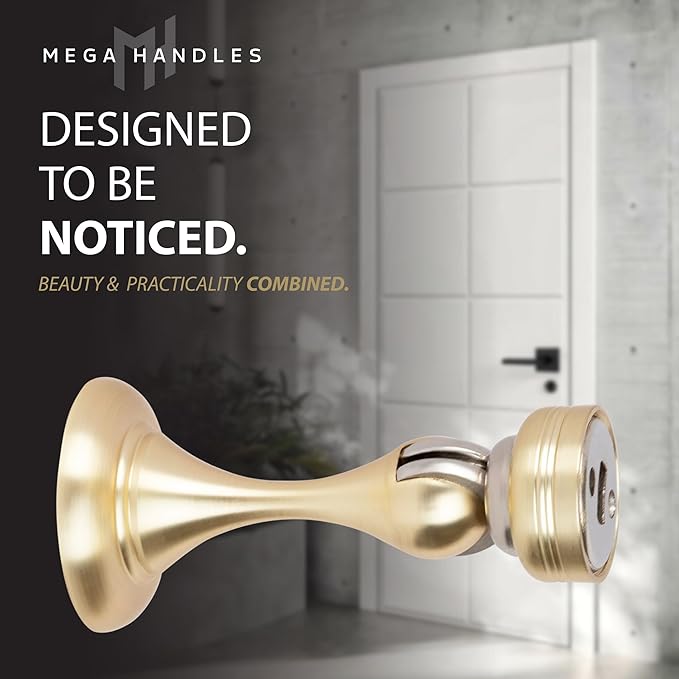 Mega Handles Magnetic Door Stopper, Scratch Free Magnetic Door Catch for Wall, Elegant Magnet Stopper for Floor or Wall - Satin Brass (2 Pack)