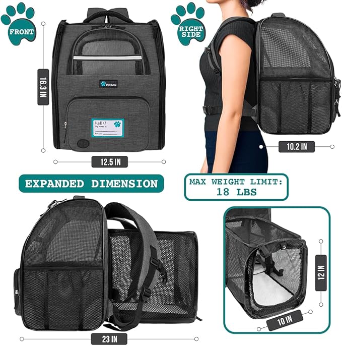 PetAmi Expandable Dog Backpack Carrier for Cats & Pets, Breathable Cat Carrier Backpack with Top Window & Multi-Entry, Ventilated Foldable Travel Carrier for Small Medium Pets up to 18 lbs, Dark Gray