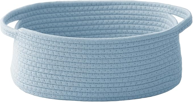 JMvicyroam Woven Basket,Small Rope Storage Bin with Handles & Ribbon Bag, Organizer for Shelves Closets,Gift Basket Empty for Birthday,Books,Dog Toys, Blue