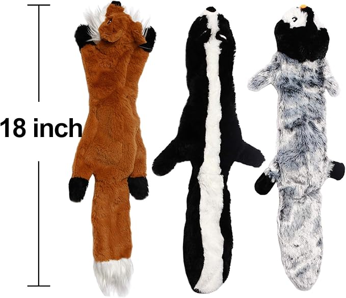 Sesyomr No Stuffing Dog Toys with Squeakers, Durable Stuffingless Plush Squeaky Dog Chew Toy Set,Crinkle Dog Toy for Medium and Large Dogs, 5 Pack（Squirrel Raccoon Fox Skunk and Penguin）, 24Inch