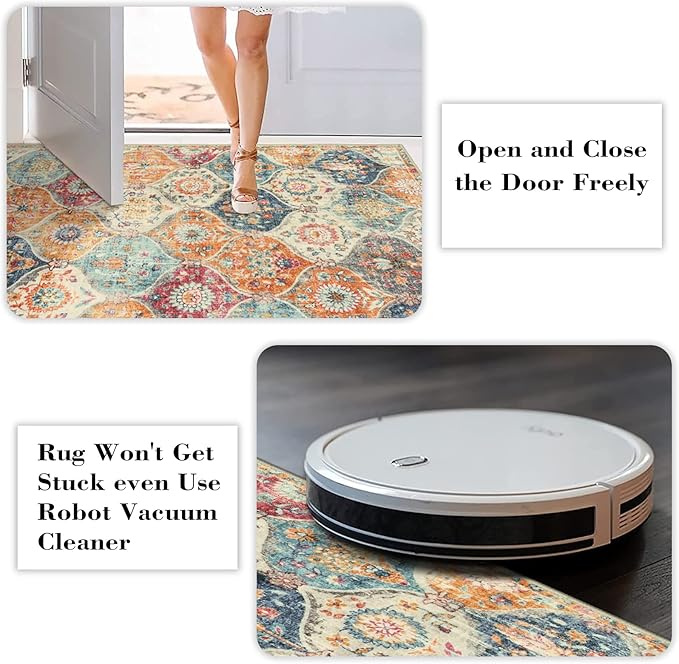 Lahome Moroccan Washable Circle Rug, Soft Vintage Round Rug 4ft, Distress Round Carpet for Entryway Bathroom Kitchen Bedroom, Non Slip Low Pile Stain Resistant Elise, Burnt Orange
