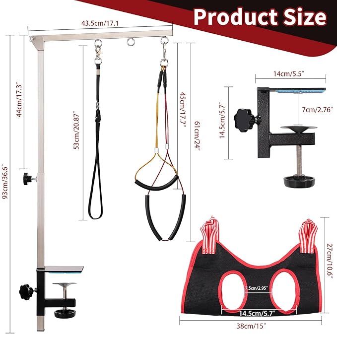 Phenfor Dog Grooming Table Arm with Hammock - Adjustable Height, Pet Grooming Hammock, No Sit Haunch Holders, Loop Noose Heavy-Duty Clamp (Stainless Steel)