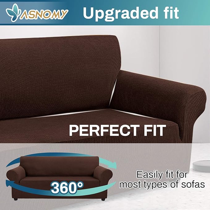 Asnomy Couch Covers for 3 Cushion Couch Stretch Sofa Covers Slipcovers, Pet Protector Furniture Covers for Dogs Cats Spandex Jacquard Fabric Small Checks（X-Large，Chocolate）