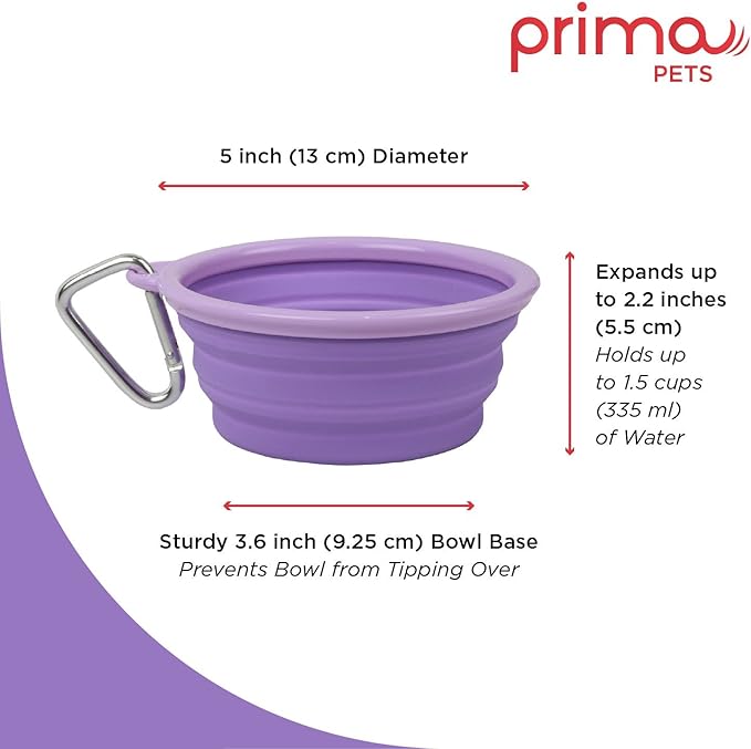 Prima Pet Collapsible Silicone Food and Water Travel Bowl with Clip for Dog and Cat, Small (1.5 Cups)