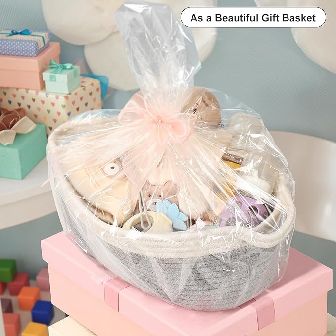 4 Pack Small Woven Basket with Handles, Cotton Rope Room Shelf Storage Basket, Cute Baby Gift Basket for Nursery, Bedroom - Cat Dog Toys Basket, Empty Decorative Gift Chest Box, All 12"x 8"x 5",Grey