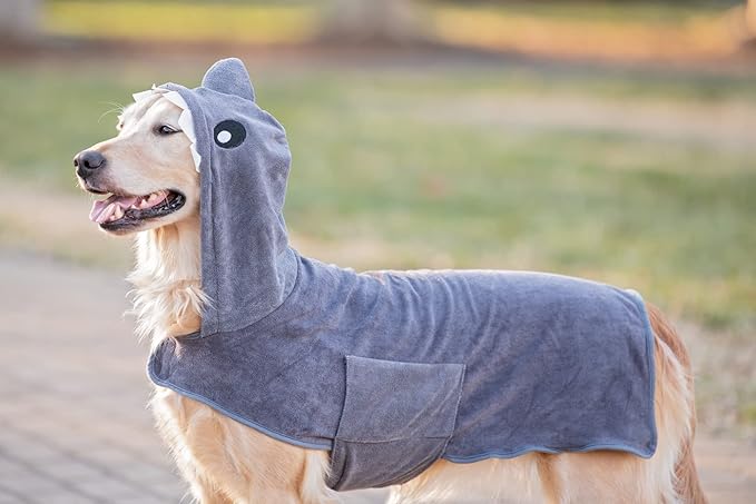 BoxDog Wearable Microfiber Dog Towel with Monster or Shark Hoodie | Soft Dog Bathrobe (Medium, Grey Shark)
