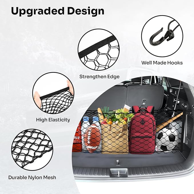 Trunk Cargo Net for 2014-2025 2026 Kia Sorento Accessories Envelope Style Mesh Trunk Net Organizer and Storage Stretchable Adjustable Elastic Nylon Rear Cargo Netting with Hooks