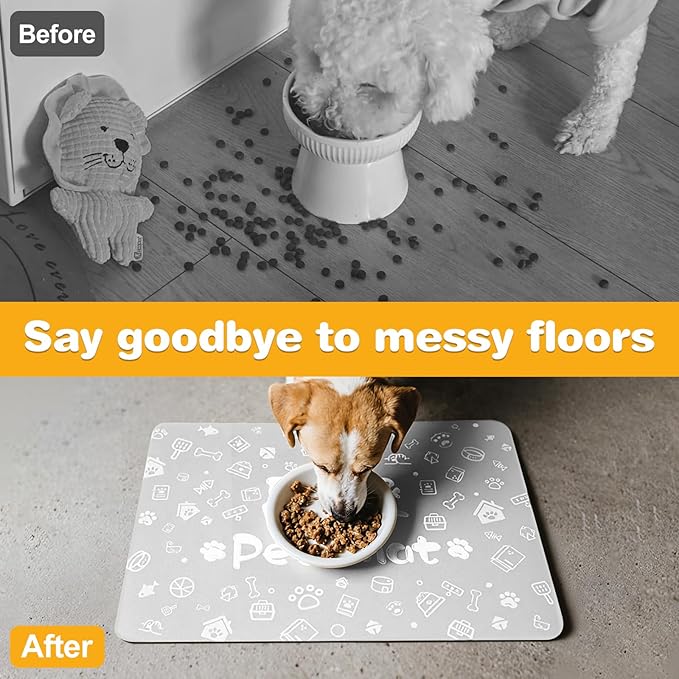 Pet Feeding Mat,Dog Cat Mat for Food and Water,Dog Bowl Waterproof Placemat with Rubber Backing,Absorbent Quick Dry Water Dispenser Mat for Pet（Light Gray 17"×29"）